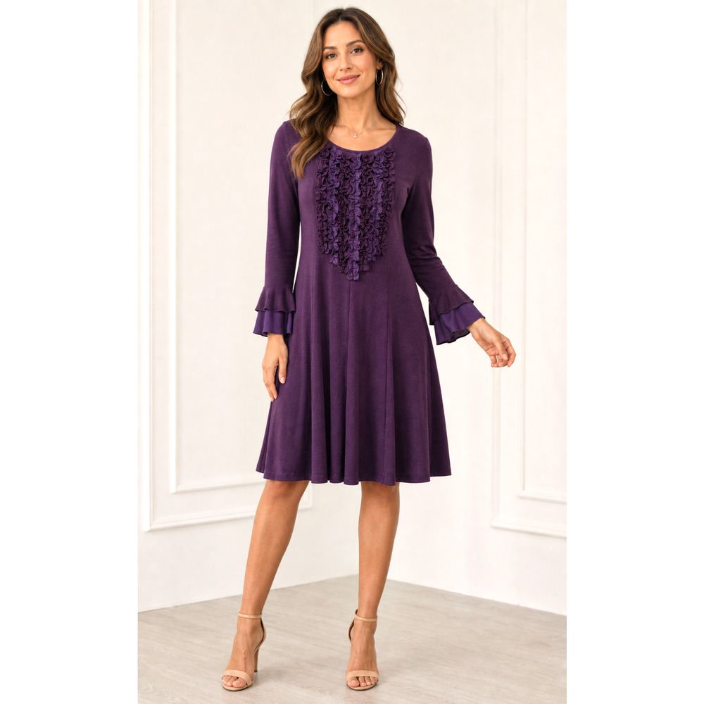 Chris McLaughlin Purple Dress sz 18‎ Stretchy knit knee length ruffle front